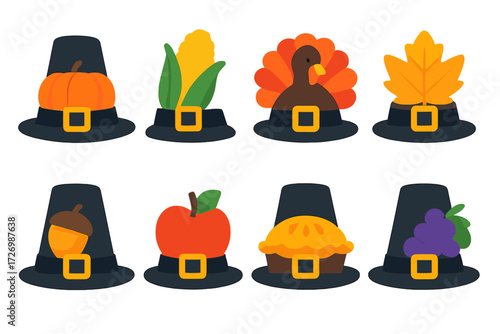 Festive Pilgrim Hat Icons. Holiday Theme in modern flat vector : pilgrim hat with pumpkin, pilgrim hat with corn, pilgrim hat with turkey, pilgrim hat