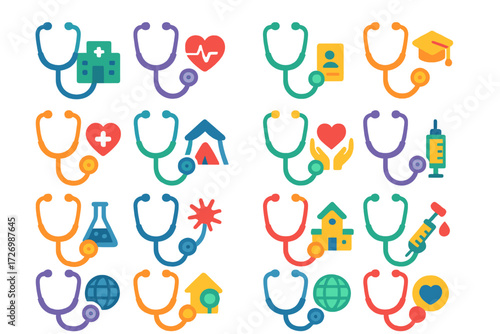 Vibrant Stethoscope Icons. Event Stethoscopes in modern flat vector : hospital stethoscope, clinic stethoscope, medical conference stethoscope,
