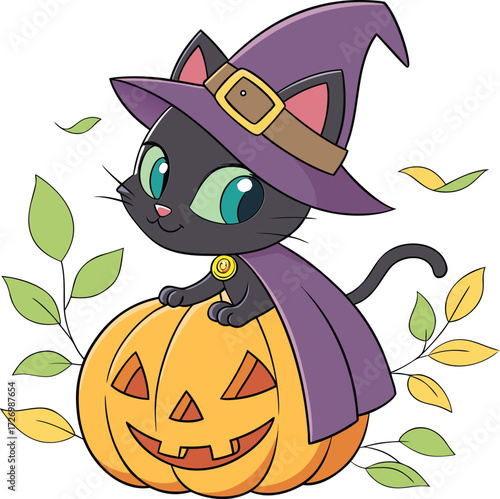 Cute cartoon animal illustration vector of a black cat and kitten inside a Halloween pumpkin with a happy smile and bat character art