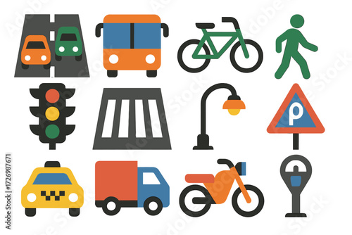 Street Icon Collection. Basic busy street set of icons in abstract flat : road with cars, bus, bicycle, pedestrian, traffic light, crosswalk, street