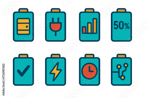 Modern Battery Icons. Storage & Power in modern flat vector : battery bank with storage symbol, battery bank with power supply, battery bank with