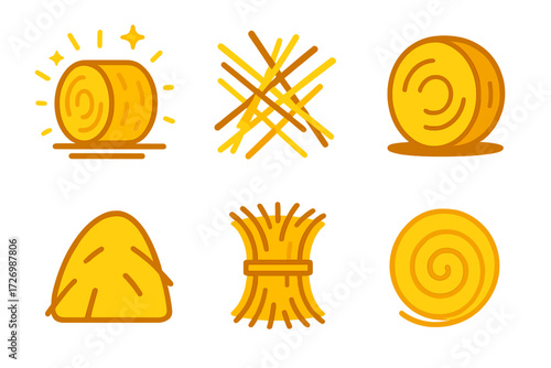 Minimal Hay Icons. Creative Hay Icons in modern flat vector : glowing hay bale, abstract straw design, stylized round bundle, golden hay spiral,