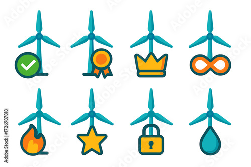 Wind Farm Icons. Eco Indicators in modern flat vector : wind farm with check mark, wind farm with ribbon, wind farm with crown, wind farm with
