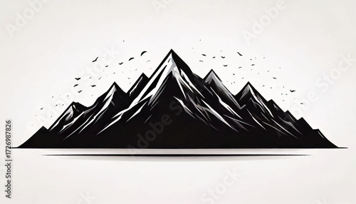 Graphic illustration depicting a rugged, stylized black mountain range with sharp peaks and small birds soaring above, set against a light background.