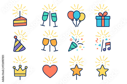 Festive Sparkler Icons. Celebration Sparklers in modern flat vector : sparkler with cake, sparkler with champagne, sparkler with balloons, sparkler