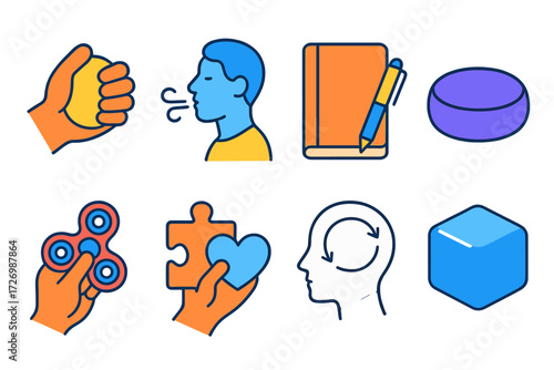 Coping Tools Icons. Basic Coping Tools in modern flat vector : stress ball, breathing exercise icon, journal with pen, meditation cushion, coping tool