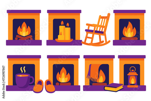 Cozy Fireplace Icons. Cozy Scenes in modern flat vector : fireplace with logs burning, fireplace with candle set, fireplace with rocking chair,