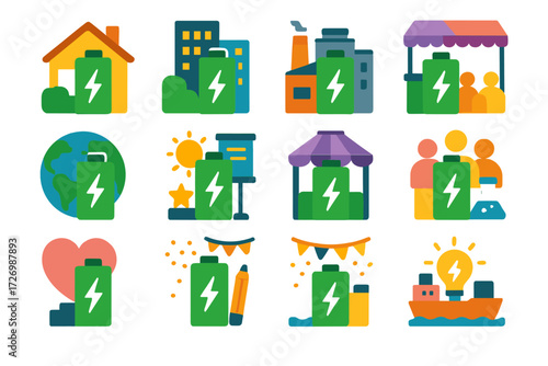 Eco Battery Icons. Event Eco Batteries in modern flat vector : residential eco battery, commercial eco battery, industrial eco battery, eco battery at