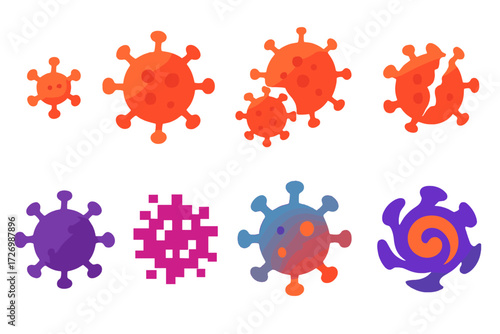 Colorful Virus Icons. Virus Variations in modern flat vector : small virus, large virus, clustered viruses, broken virus, 3D virus, pixel virus,