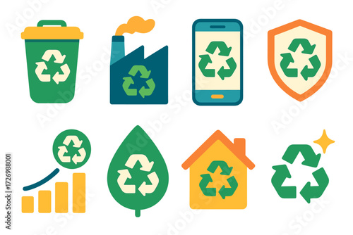 Recyclable Icons Ensemble. Eco Contexts in modern flat vector : recyclable icon with bin, recyclable icon with factory, recyclable icon with mobile
