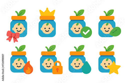 Organic Baby Food Icons. Eco Indicators in modern flat vector : organic baby food with ribbon, organic baby food with crown, organic baby food with