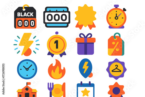 Vibrant Sale Icons. Event Limited Deals in modern flat vector : Black Friday countdown, Cyber Monday timer, holiday deal badge, seasonal clearance