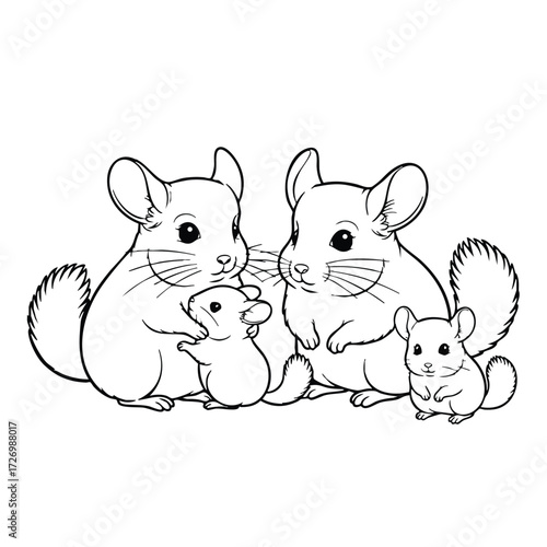 A charming family of small rodents, featuring two adult animals and two playful young ones in a delightful scene.