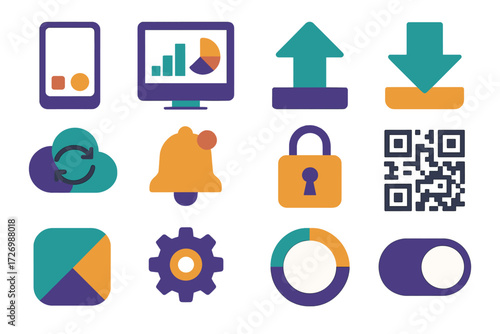 Icon Set. Digital setup wizard set of icons in abstract flat : smartphone app, dashboard chart, upload arrow, download arrow, cloud sync,