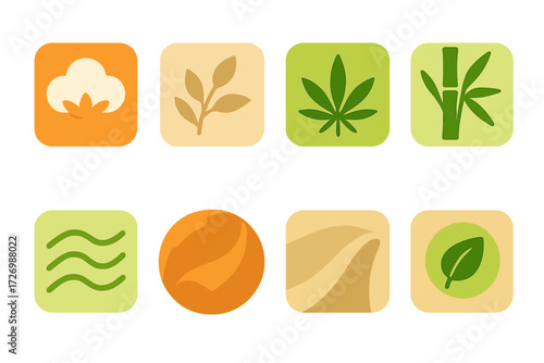 Minimal Fabric Icons. Basic Natural Fabrics in modern flat vector : cotton fabric, linen fabric, wool fabric, hemp fabric, bamboo fabric, minimal line