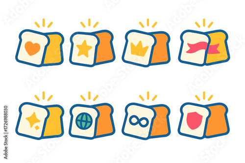 Symbolic Toast Icons. Symbolic Midnight Toast in modern flat vector : toast with heart, toast with star, toast with crown, toast with ribbon, toast