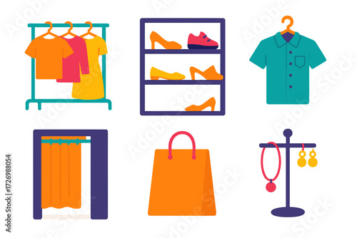 Modern Fashion Store Icons. Fashion Store in modern flat vector : clothing rack, shoe display, hanger with shirt, fitting room, boutique bag,