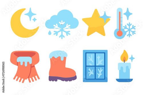 Chilly Weather Icons. Chilly Indicators in modern flat vector : moon with frosty sparkle, cloud with snowflake, star with icy shine, thermometer with