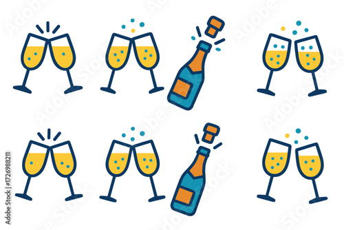 Festive Midnight Toast. Basic Midnight Toast in modern flat vector : clinking champagne glasses, two wine glasses toasting, champagne bottle with cork