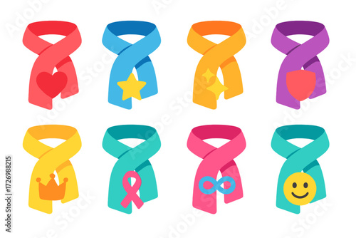 Vibrant Symbolic Scarves. Symbolic Scarves in modern flat vector : scarf with heart, scarf with star, scarf with sparkle, scarf with shield, scarf