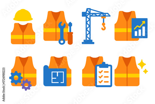 Safety Vests Collection. Work Contexts in modern flat vector : safety vest with helmet, safety vest with tools, safety vest with crane, safety vest
