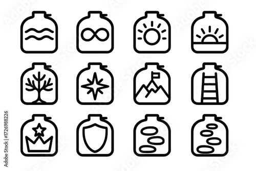 Symbolic Rainwater Icons. Symbolic rainwater tank icons in outline style: harmony wave, infinity loop, glowing aura, sunrise horizon, radiant sun,