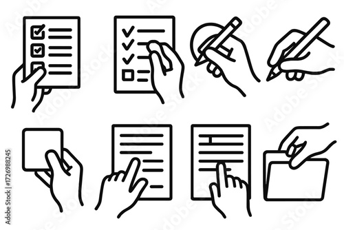 Gesture Icons Collection. Gestures icons in outline style: hand holding checklist, hand checking box, hand circling item, hand writing note, hand