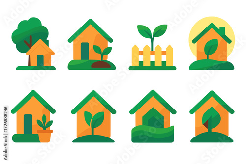 Modern Eco Home Icons. Home Garden in modern flat vector : house with tree, house with sprout, garden with fence, potted plants by home, glowing