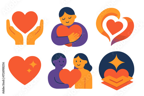 Modern Compassion Icons. Compassion in modern flat vector : hands holding heart, person hugging heart, glowing compassion symbol, abstract caring