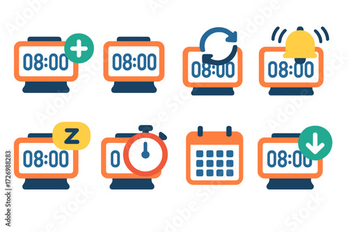 Digital Clock Icons. Clock Actions in modern flat vector : digital clock with plus sign, digital clock with checkmark, digital clock with refresh