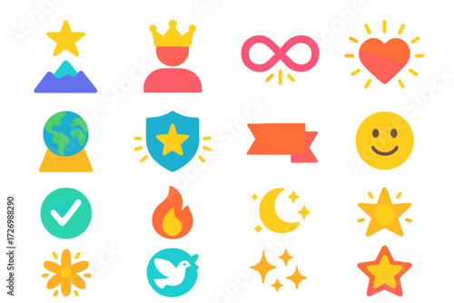 Symbolic Moments Icons. Symbolic Big Moments in modern flat vector : star over mountain peak, crown on figure, infinity symbol with aura, heart with