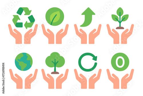 Eco-Friendly Icons. Sustainability & Recycling in modern flat vector : secondhand with recycling symbol, secondhand with eco symbol, secondhand with