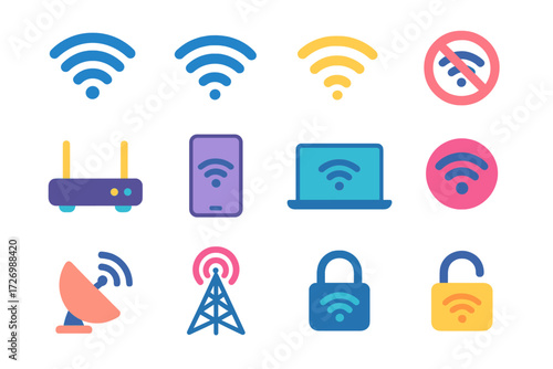 Wifi Signal Icons. Wifi Signal in modern flat vector : strong signal, weak signal, no signal, full bars, router icon, smartphone with wifi, laptop