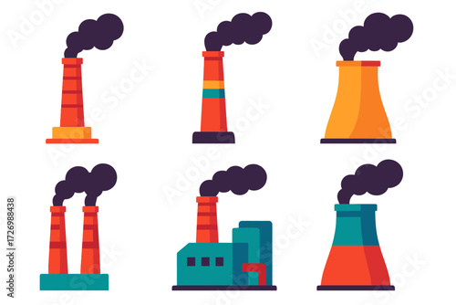 Colorful Industrial Icons. Industrial Chimneys in modern flat vector : factory chimney, smokestack, cooling tower, twin chimneys, power plant,