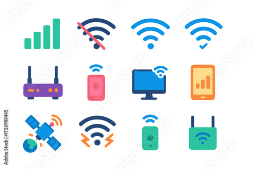 Network Connectivity Icons. Network Status in modern flat vector : signal strength bars, wifi off, wifi on, disconnected wifi, connected wifi, router
