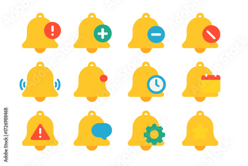 Vibrant Notification Bells. Notification Bells in modern flat vector : bell with exclamation mark, bell with plus sign, bell with minus sign, bell
