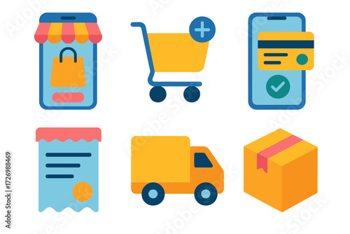 Digital Shopping Icons. E-commerce Spree in modern flat vector : mobile shopping app, add to cart, checkout screen, digital receipt, delivery truck,