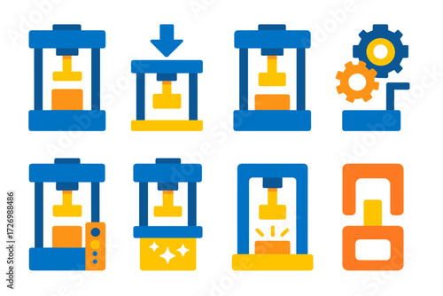 Vibrant Hydraulic Press Icons. Hydraulic Press in modern flat vector : classic hydraulic press machine, press with piston, press with downward arrow,