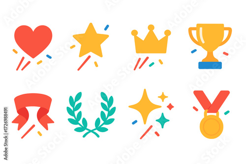 Vibrant Celebration Icons. Symbolic Celebration in modern flat vector : celebration with heart, celebration with star, celebration with crown,