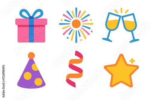 Festive Celebration Icons. Festive Joy in modern flat vector : gift box, fireworks burst, clinking glasses, party hat, streamer swirl, glowing star.