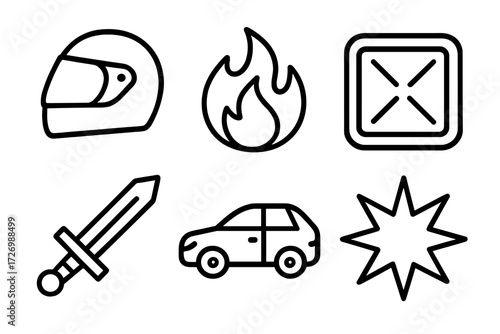 Action Scene Icons. Action scene icons in outline style: stunt helmet, fire icon, crash mat, sword prop, car, explosion spark