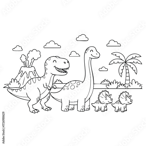 A playful scene featuring dinosaurs in a prehistoric landscape with a volcano and palm trees in the .