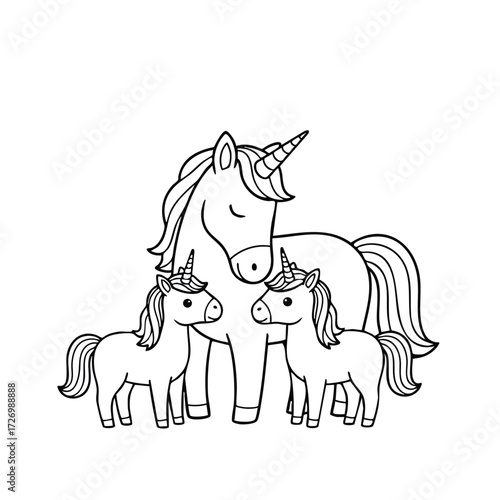 A whimsical scene featuring a majestic unicorn and two adorable foals, showcasing their unique charm and beauty.