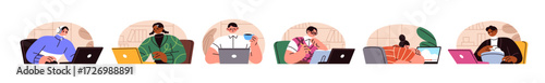 People work on laptop set. Office workers, employees texting, typing, programming on PC on desk. Students learning, study, watching videos on computer. Flat isolated vector illustrations on white