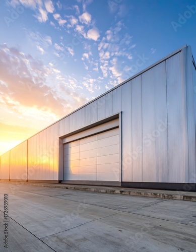 Modern warehouse at sunset