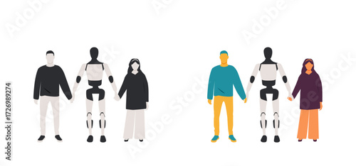 Man and woman with Ai robot standing together.