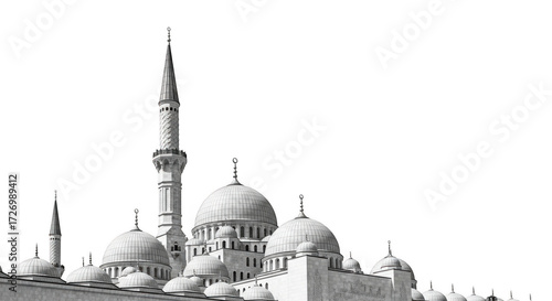 A detailed black and white illustration of a grand mosque with multiple domes and a tall minaret, isolated on a transparent background