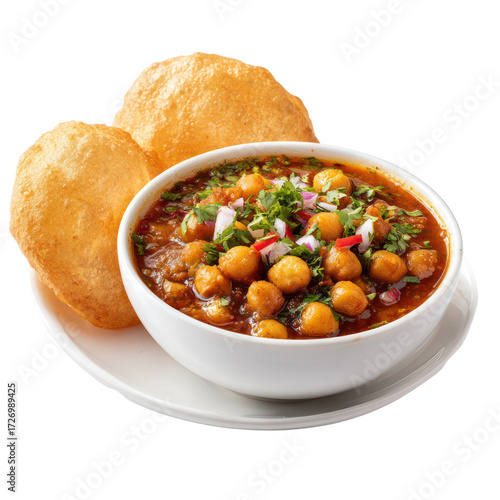 Indian chole bhature dish with fried bread isolated on transparent background
