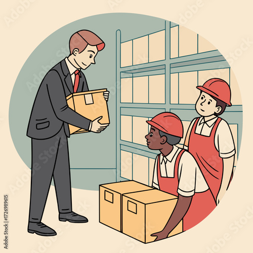 American businessman putting taxes into boxes while foreign workers look on worriedly.