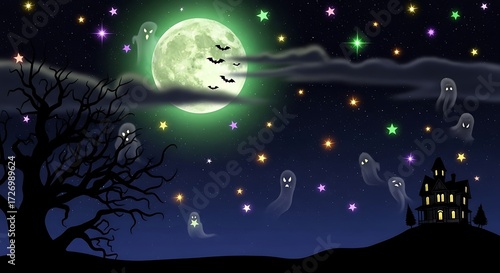 Spooky halloween night with haunted house ghosts bats and a full moon scene